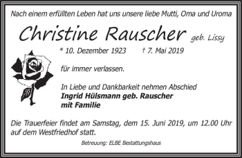 Traueranzeige von Christine Rauscher (geb. Lissy)  von Magdeburger Volksstimme
