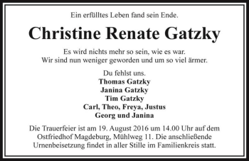 Traueranzeige von Christine Renate Gatzky  von Magdeburger Volksstimme