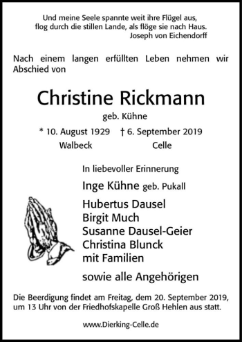 Traueranzeige von Christine Rickmann (geb. Kühne)  von Magdeburger Volksstimme
