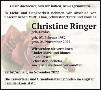 Traueranzeige von Christine Ringer (geb. Große)  von Magdeburger Volksstimme