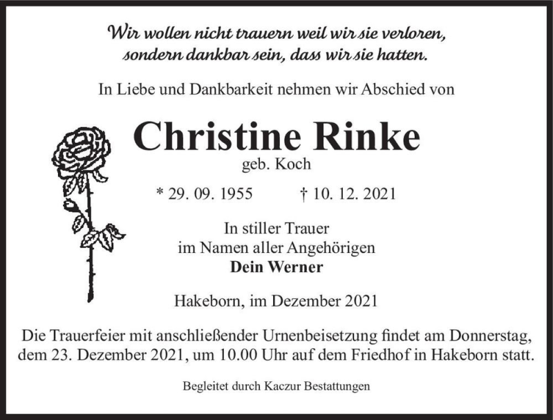  Traueranzeige für Christine Rinke (geb. Koch)  vom 15.12.2021 aus Magdeburger Volksstimme