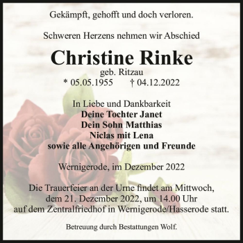 Traueranzeige von Christine Rinke (geb. Ritzau)  von Magdeburger Volksstimme