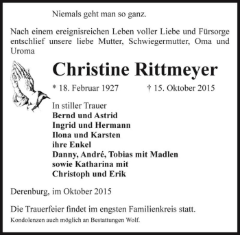 Traueranzeige von Christine Rittmeyer  von Magdeburger Volksstimme