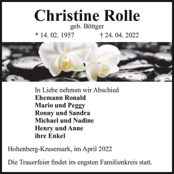 Traueranzeige von Christine Rolle (geb. Böttger)  von Magdeburger Volksstimme