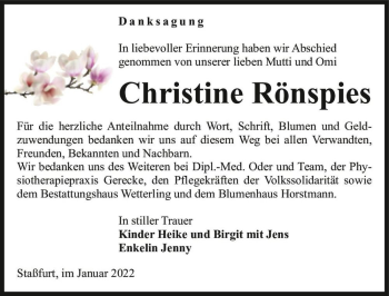 Traueranzeige von Christine Rönspies  von Magdeburger Volksstimme