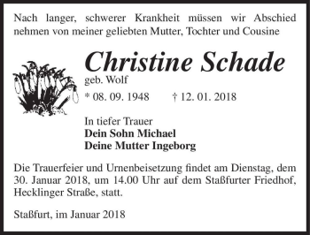 Traueranzeige von Christine Schade (geb. Wolf)  von Magdeburger Volksstimme