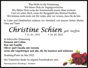 Traueranzeige von Christine Schien (geb. Steffen)  von Magdeburger Volksstimme