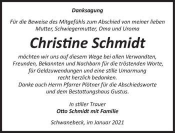 Traueranzeige von Christine Schmidt  von Magdeburger Volksstimme