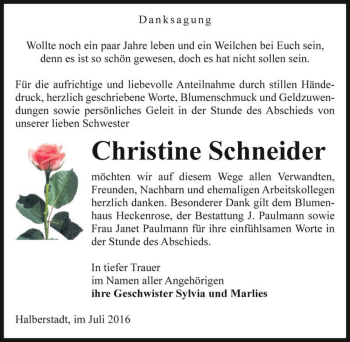 Traueranzeige von Christine Schneider  von Magdeburger Volksstimme