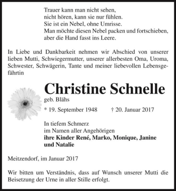 Traueranzeige von Christine Schnelle (geb. Blähs)  von Magdeburger Volksstimme