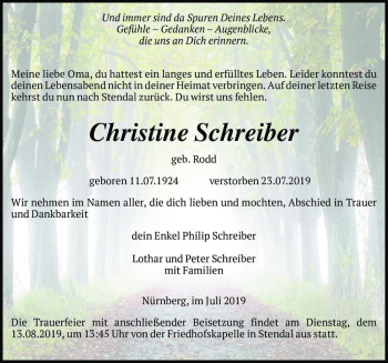 Traueranzeige von Christine Schreiber (geb. Rodd)  von Magdeburger Volksstimme