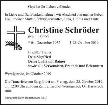 Traueranzeige von Christine Schröder (geb. Püschner)  von Magdeburger Volksstimme