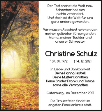 Traueranzeige von Christine Schulz  von Magdeburger Volksstimme