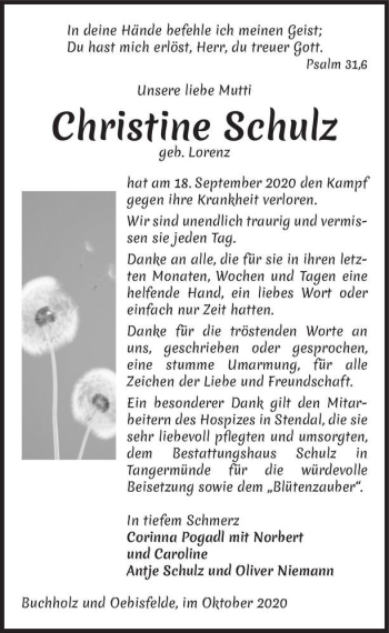Traueranzeige von Christine Schulz (geb. Lorenz)  von Magdeburger Volksstimme