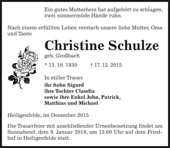 Traueranzeige von Christine Schulze (geb. Großbach)  von Magdeburger Volksstimme