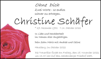 Traueranzeige von Christine Schäfer  von Magdeburger Volksstimme