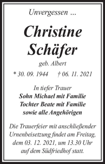 Traueranzeige von Christine Schäfer (geb. Albert)  von Magdeburger Volksstimme
