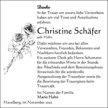 Traueranzeige von Christine Schäfer (geb. Hahn)  von Magdeburger Volksstimme