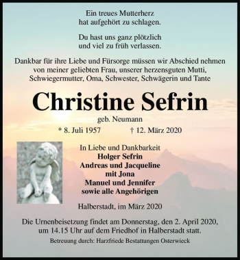 Traueranzeige von Christine Sefrin (geb. Neumann)  von Magdeburger Volksstimme