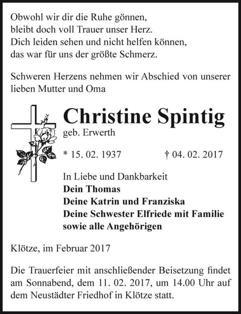  Traueranzeige für Christine Spintig (geb. Erwerth)  vom 07.02.2017 aus Magdeburger Volksstimme