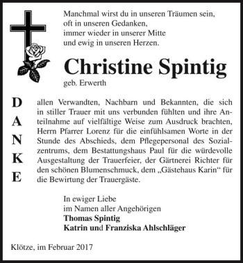 Traueranzeige von Christine Spintig (geb. Erwerth)  von Magdeburger Volksstimme