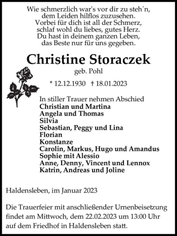 Traueranzeige von Christine Storaczek (geb. Pohl)  von Magdeburger Volksstimme