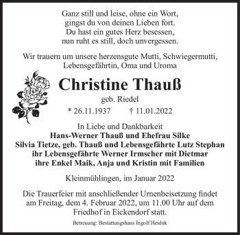 Traueranzeige von Christine Thauß (geb. Riedel)  von Magdeburger Volksstimme