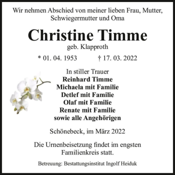 Traueranzeige von Christine Timme (geb. Klapproth)  von Magdeburger Volksstimme