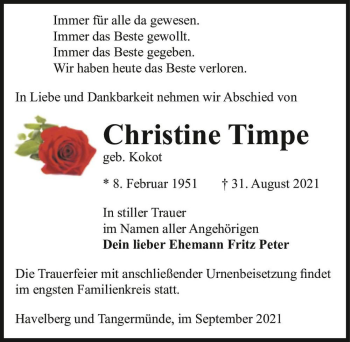 Traueranzeige von Christine Timpe (geb. Kokot)  von Magdeburger Volksstimme