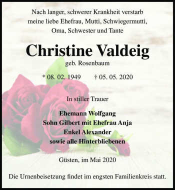 Traueranzeige von Christine Valdeig (geb. Rosenbaum)  von Magdeburger Volksstimme