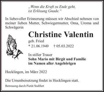 Traueranzeige von Christine Valentin (geb. Fried)  von Magdeburger Volksstimme