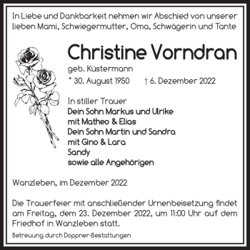 Traueranzeige von Christine Vorndran (geb. Küstermann)  von Magdeburger Volksstimme