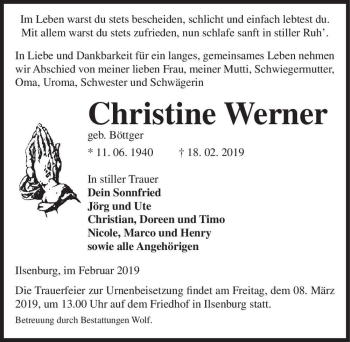 Traueranzeige von Christine Wegner (geb. Böttger)  von Magdeburger Volksstimme