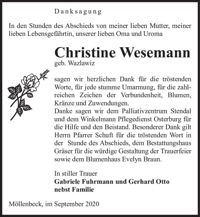  Traueranzeige für Christine Wesemann (geb. Wazlawiz)  vom 25.09.2020 aus Magdeburger Volksstimme