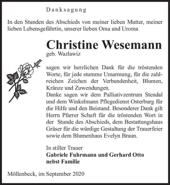 Traueranzeige von Christine Wesemann (geb. Wazlawiz)  von Magdeburger Volksstimme