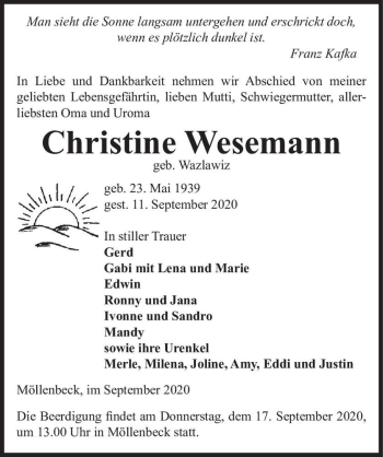 Traueranzeige von Christine Wesemann (geb. Wazlawiz)  von Magdeburger Volksstimme