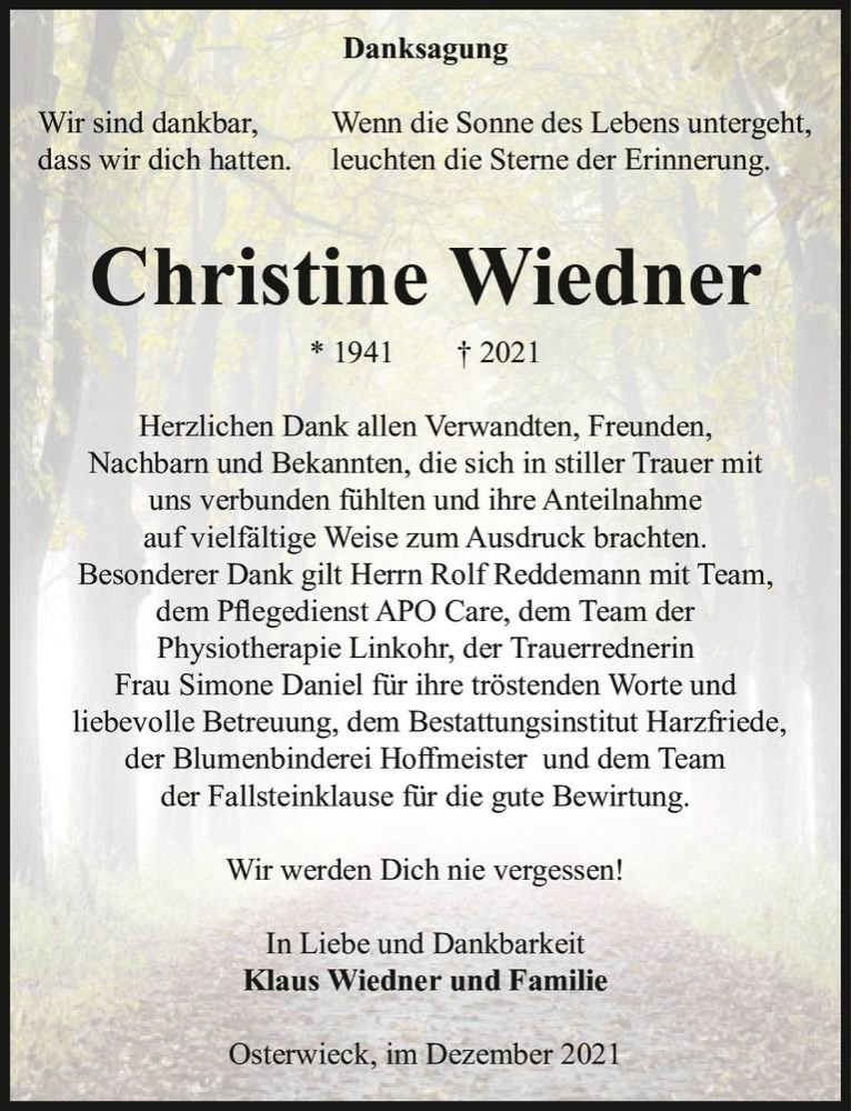  Traueranzeige für Christine Wiedner  vom 31.12.2021 aus Magdeburger Volksstimme