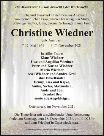 Traueranzeige von Christine Wiedner (geb. Auerbach)  von Magdeburger Volksstimme