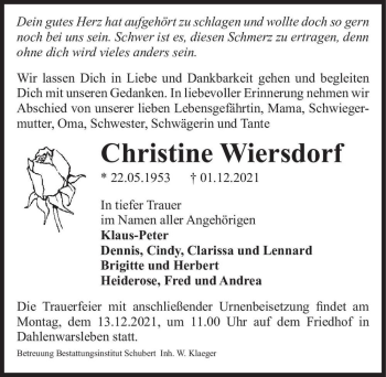 Traueranzeige von Christine Wiersdorf  von Magdeburger Volksstimme