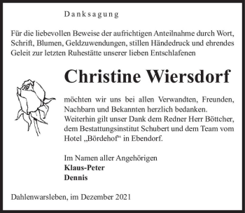 Traueranzeige von Christine Wiersdorf  von Magdeburger Volksstimme