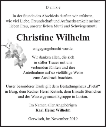 Traueranzeige von Christine Wilhelm  von Magdeburger Volksstimme