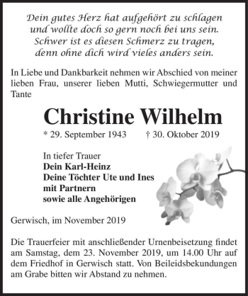 Traueranzeige von Christine Wilhelm  von Magdeburger Volksstimme