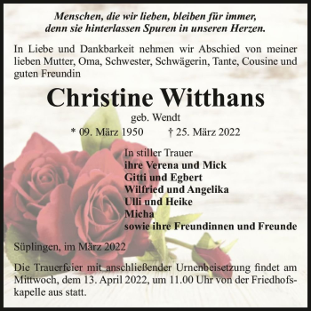 Traueranzeige von Christine Witthans (geb. Wendt)  von Magdeburger Volksstimme