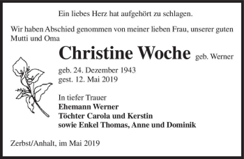 Traueranzeige von Christine Woche (geb. Werner)  von Magdeburger Volksstimme