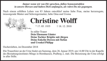 Traueranzeige von Christine Wolff  von Magdeburger Volksstimme