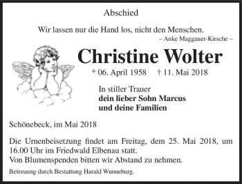 Traueranzeige von Christine Wolter  von Magdeburger Volksstimme