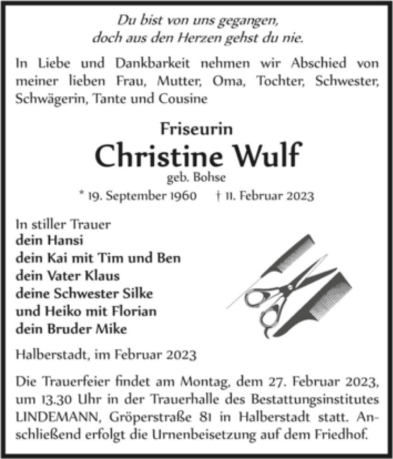 Traueranzeige für Christine Wulf (geb. Bohse)  vom 18.02.2023 aus Magdeburger Volksstimme