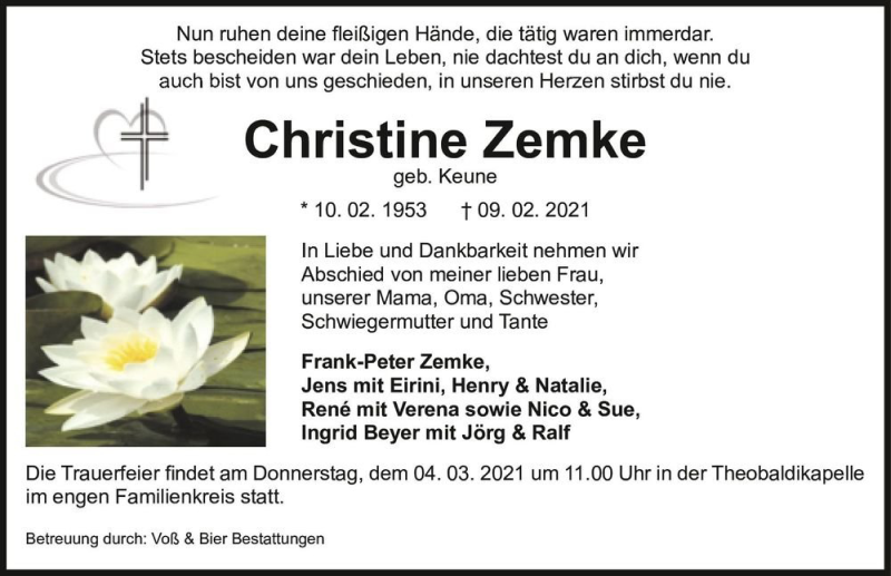  Traueranzeige für Christine Zemke (geb. Keune)  vom 27.02.2021 aus Magdeburger Volksstimme