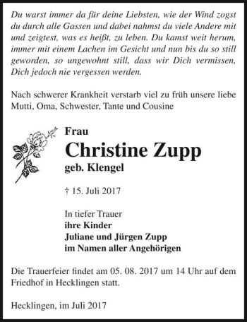 Traueranzeige von Christine Zupp (geb. Klengel)  von Magdeburger Volksstimme