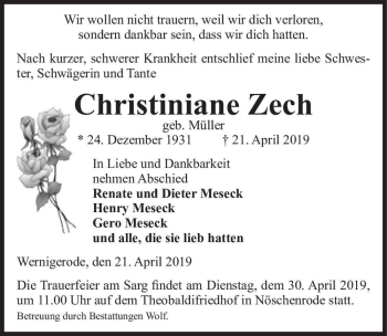 Traueranzeige von Christiniane Zech (geb. Müller)  von Magdeburger Volksstimme